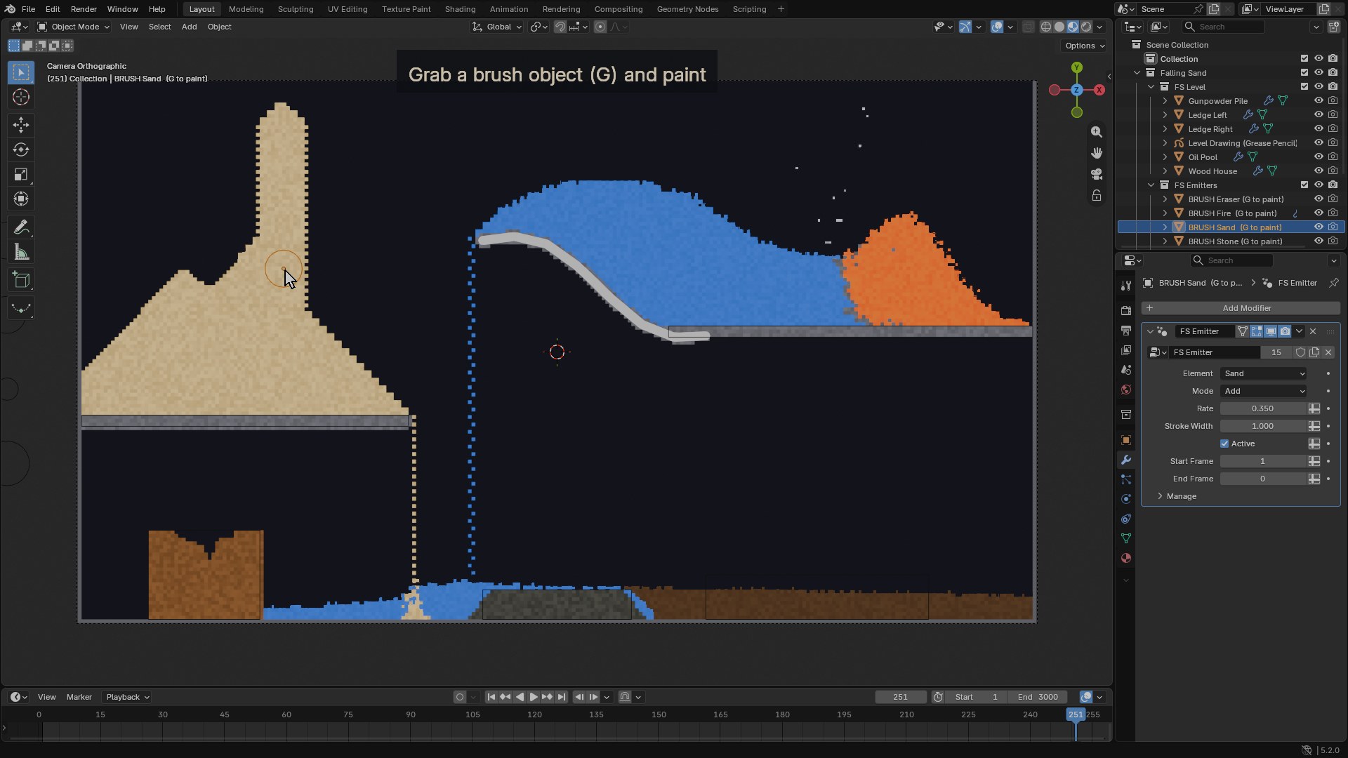 The 2D demo in Blender with a brush selected and its FS Emitter modifier open