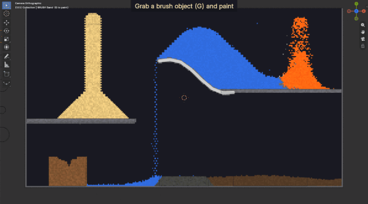 Painting sand and water with a brush object in the 2D canvas