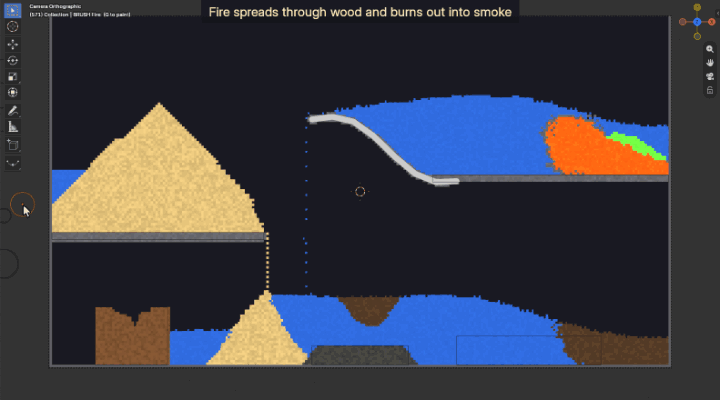 A fire brush sets the wooden house on fire; it burns and turns into smoke