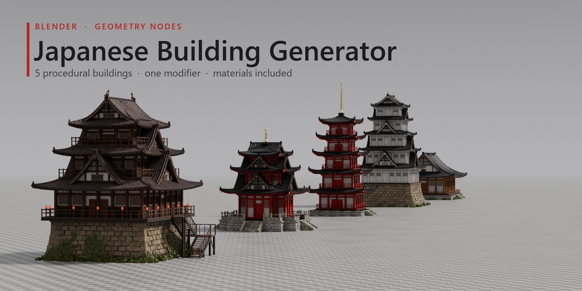 Five Japanese buildings on a studio floor: castle, pavilion, pagoda, white castle and temple hall