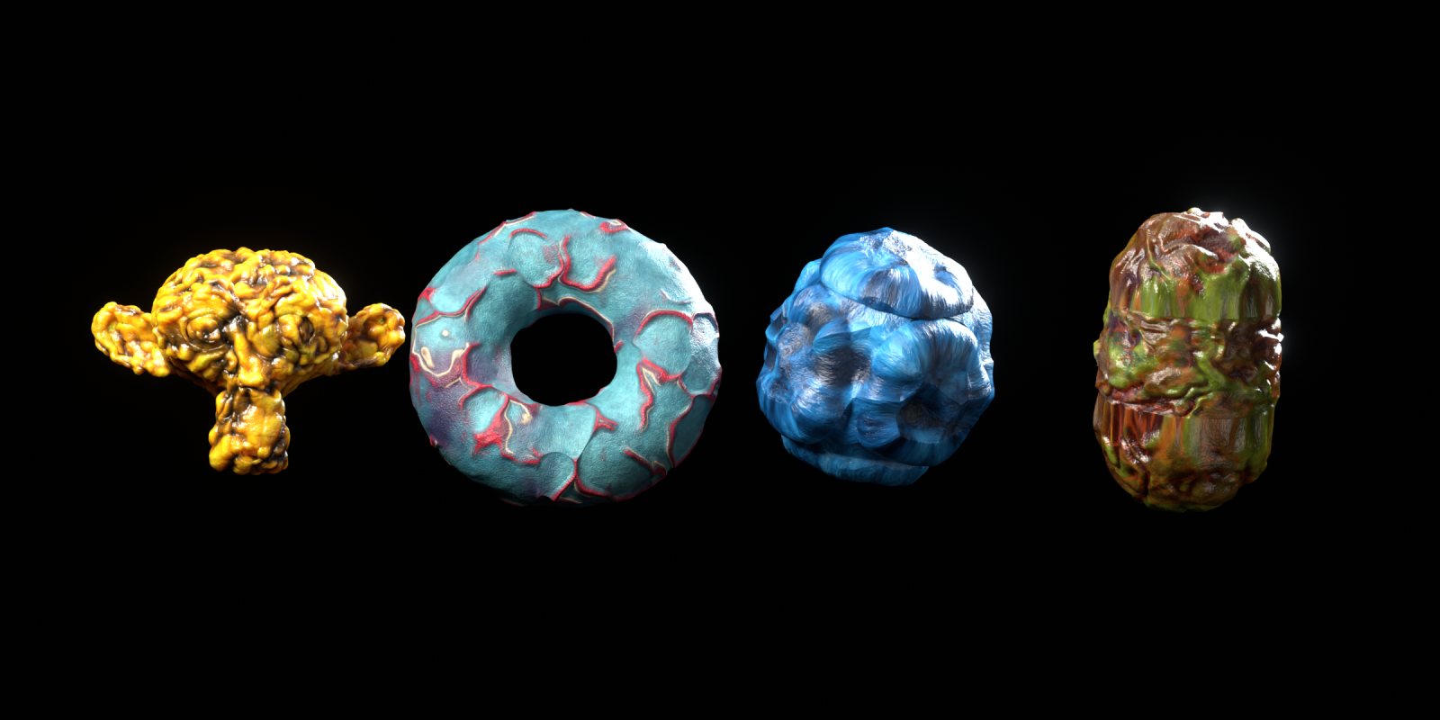Organic Spheres materials on Suzanne, a torus, a beveled cube and a capsule