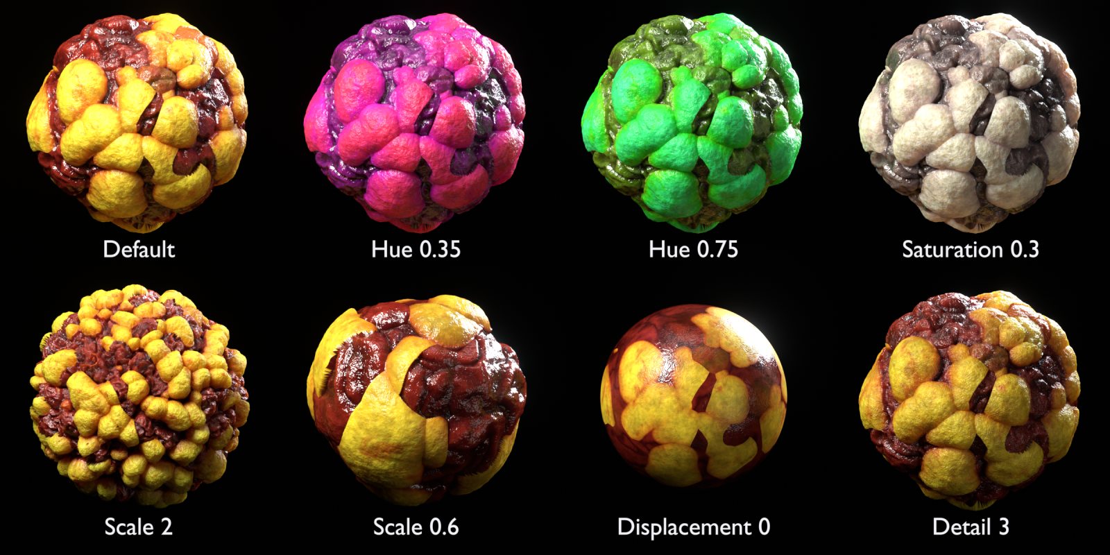 Golden Tumor material with different Hue, Saturation, Scale, Displacement and Detail values