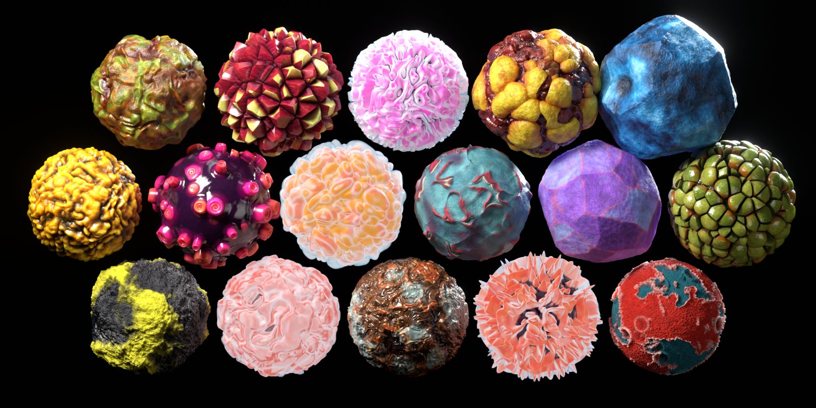 All 16 Organic Spheres materials rendered on spheres