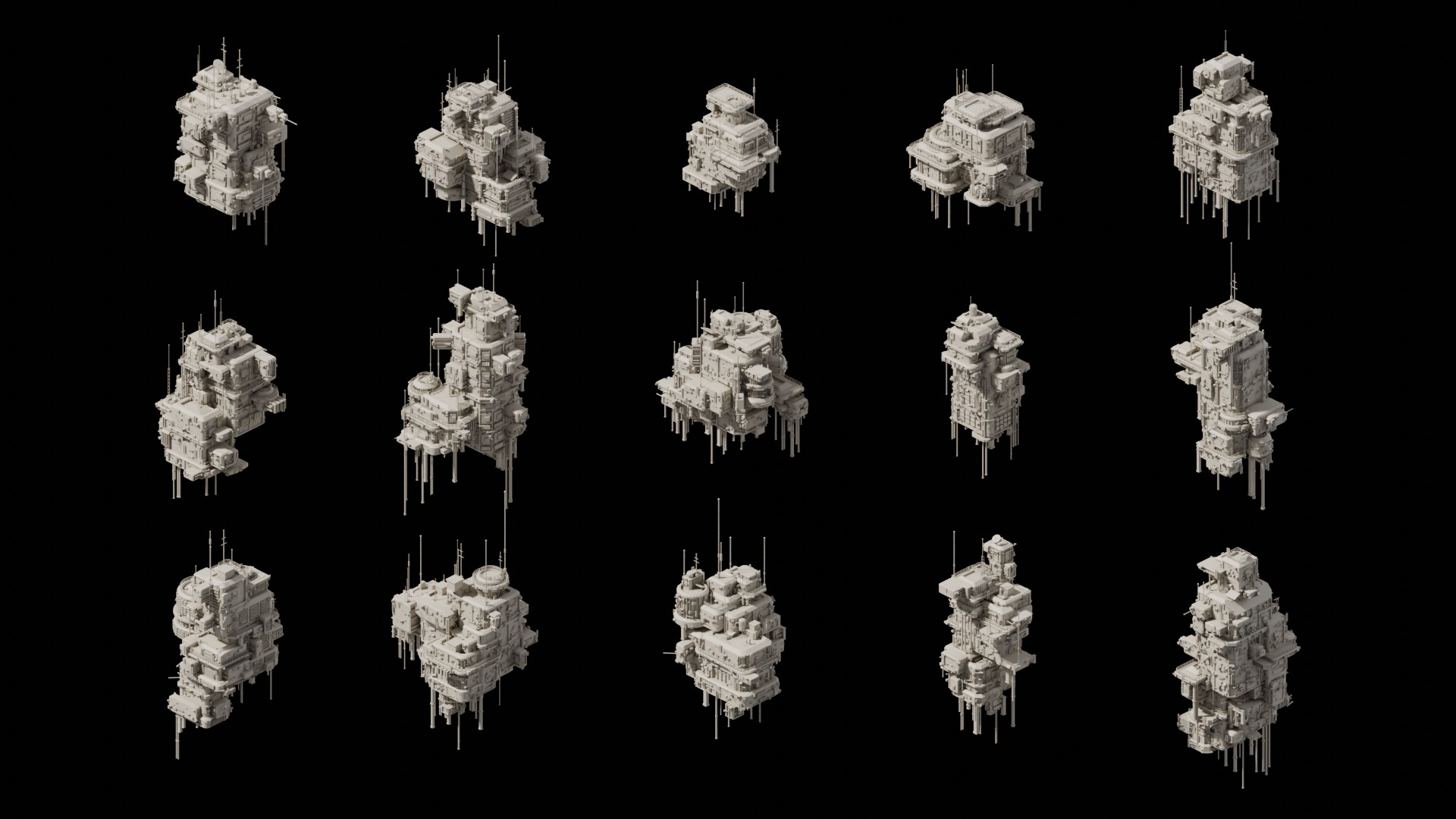 Fifteen buildings rendered in the clay look