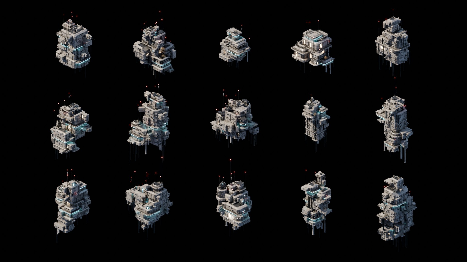 Fifteen textured buildings generated with different seeds