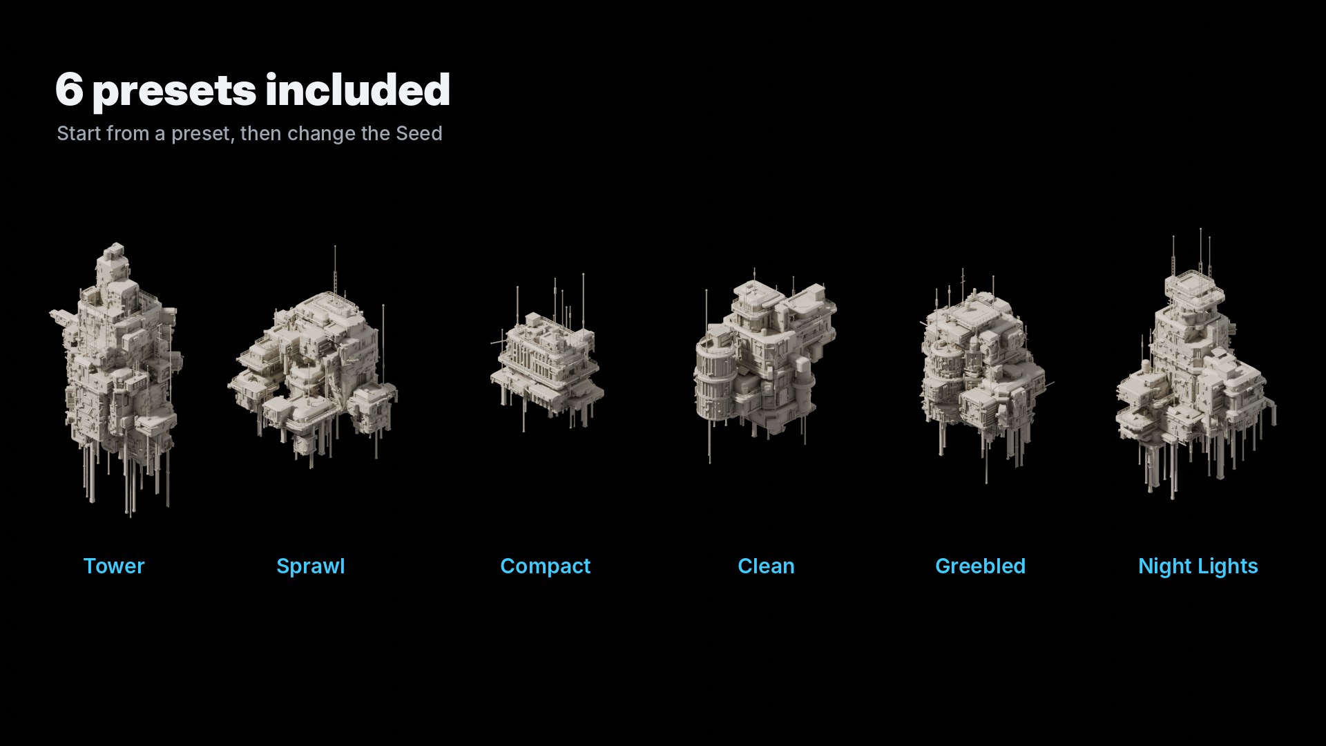 The six presets: Tower, Sprawl, Compact, Clean, Greebled and Night Lights
