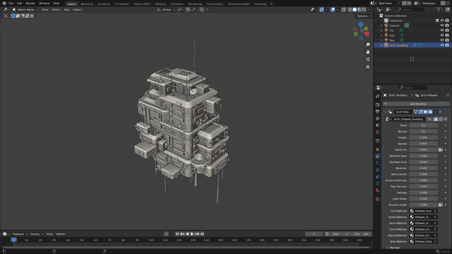 The SciFi Kitbash modifier panel in Blender next to a generated building