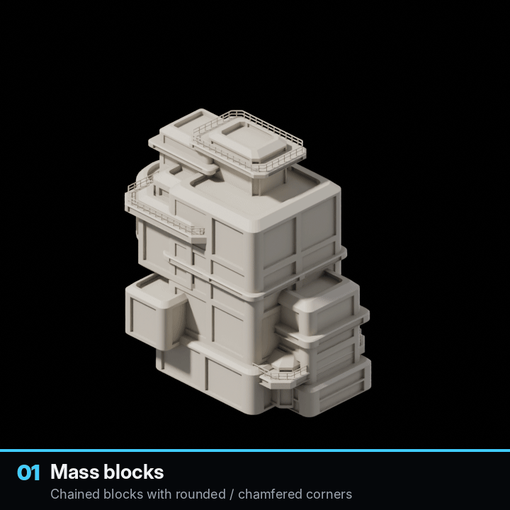 A building assembling step by step from mass blocks to lights